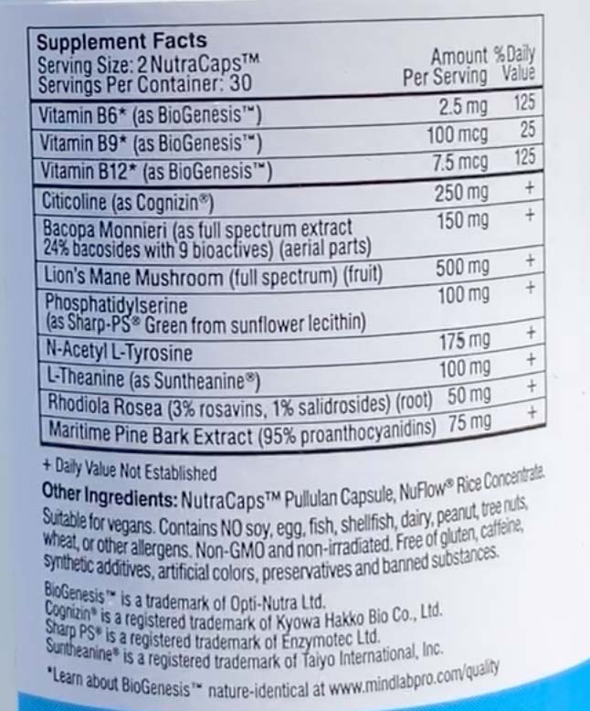 Inhaltsstoffe auf der Verpackung von Mind Lab Pro