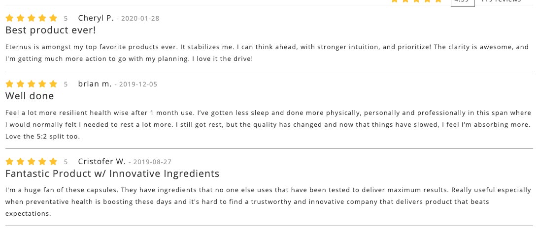 Customer Reviews in Neurohacker's Shop claiming benefits in clarity, productivity and sleep