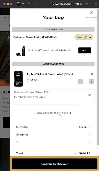 Screenshare showing how to apple a coupon code at Onnit.com