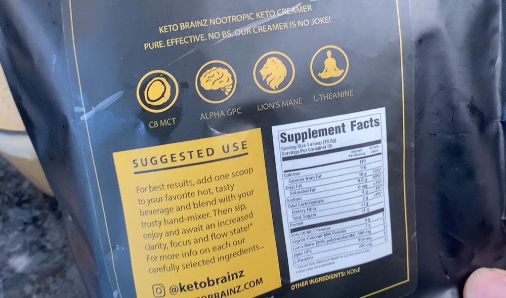 Packshot showing the supplement facts and back of Keto Brainz