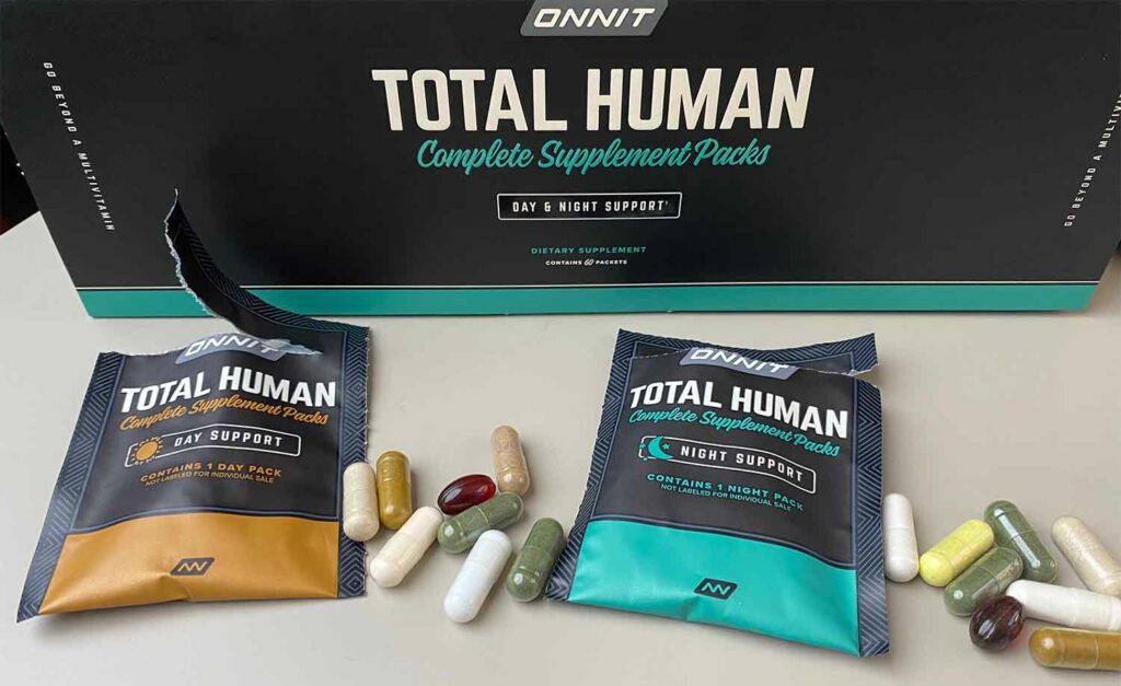 A box of Onnit's Total Human with 2 Total Human packets