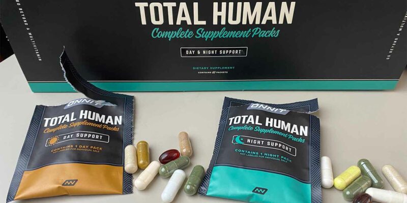 A box of Onnit's Total Human with 2 Total Human packets