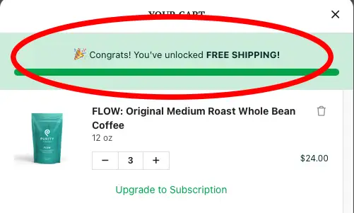 Screenshot from Purity Coffee that shows free shipping in cart