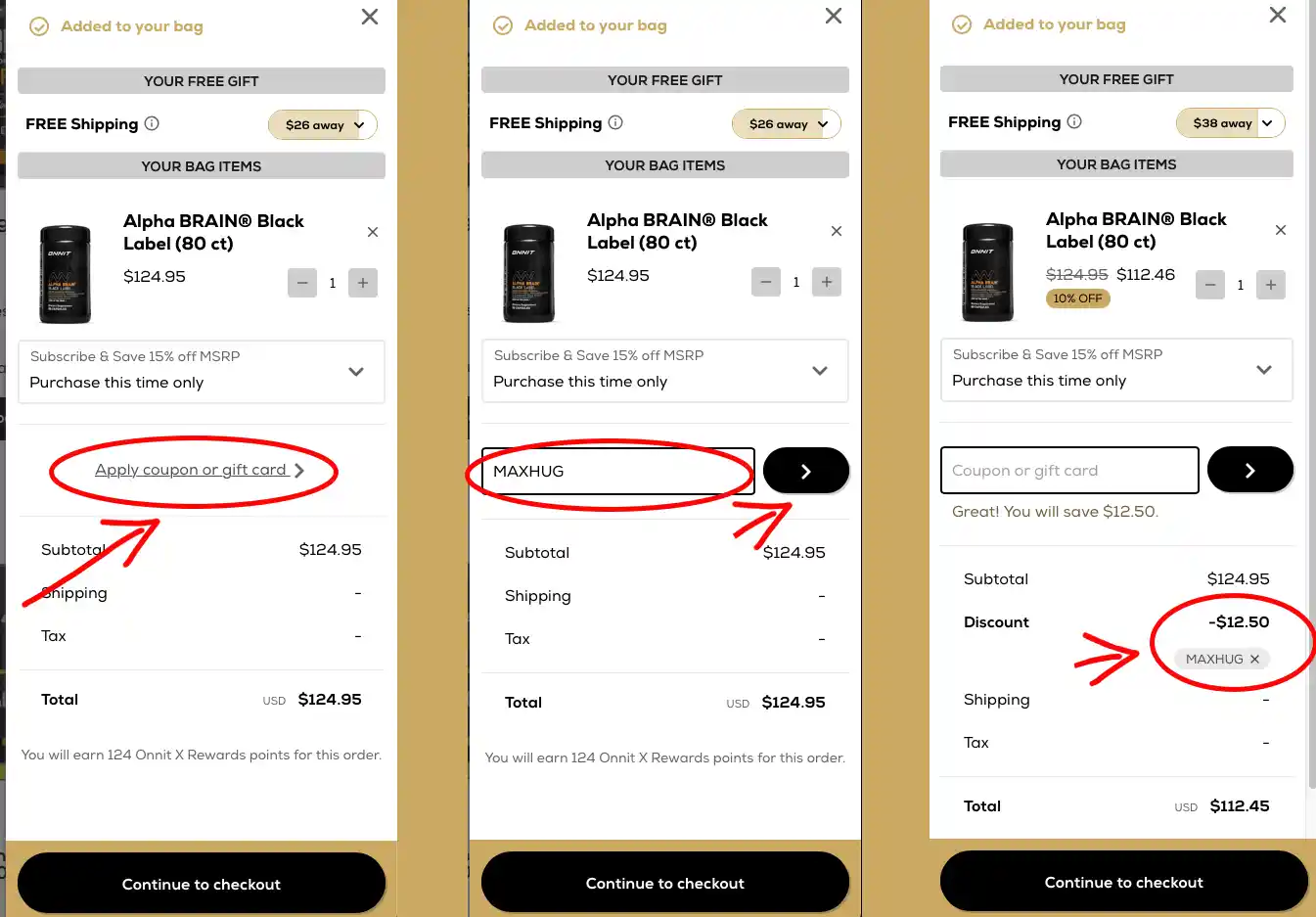 Screenshots of the Onnit website with a guide on how to enter an Onnit coupon code