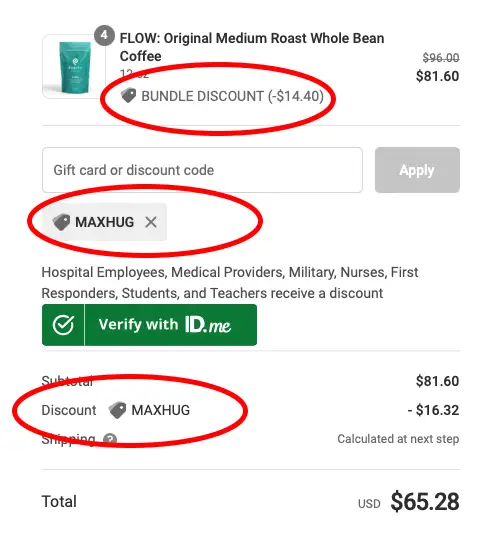 A screenshot from Purity Coffee that shows how coupon MAXHUG with bundle discount leads to 32% discount