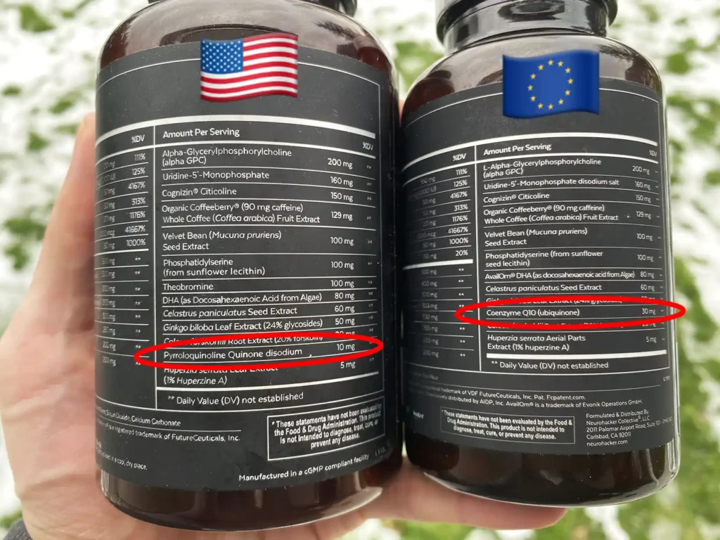 A bottle of Qualia Mind US and of Qualia Mind EU version showing the supplement facts and red circles pointing out the differences