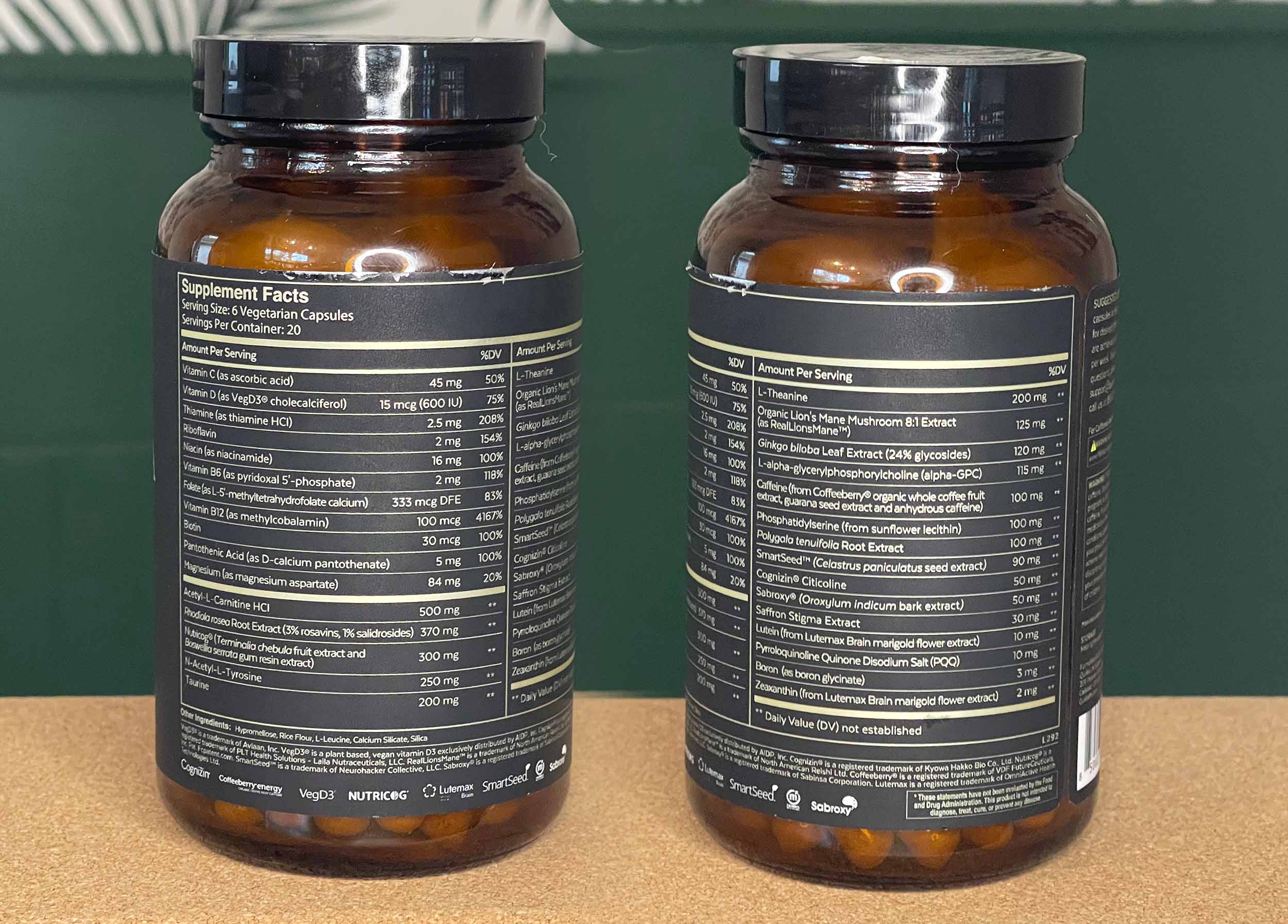 Ingredient label of two Qualia Mind 2.0 bottles