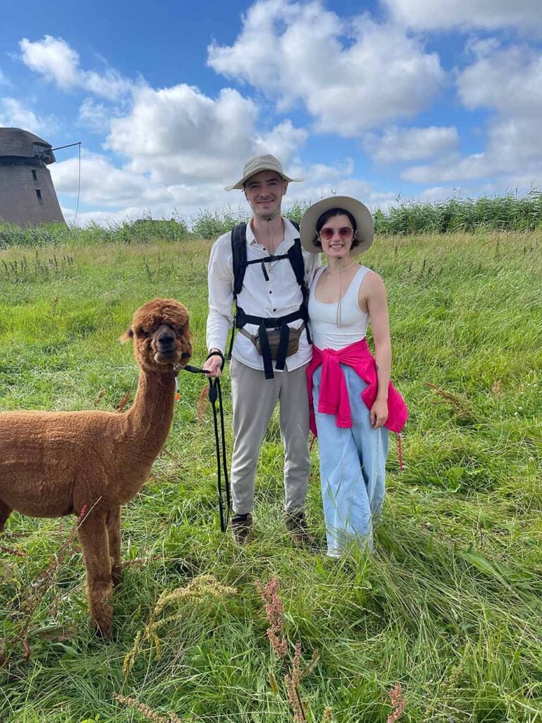 Max Hug walking an alpaca on a leash during digital nomad travels in The Netherlands